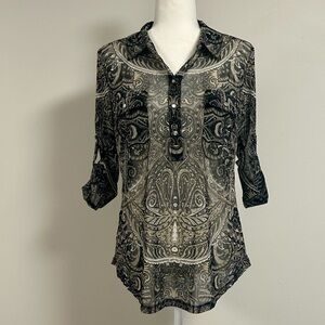 INC Sheer Paisley Blouse w/ Rhinestone Buttons | Size PXL